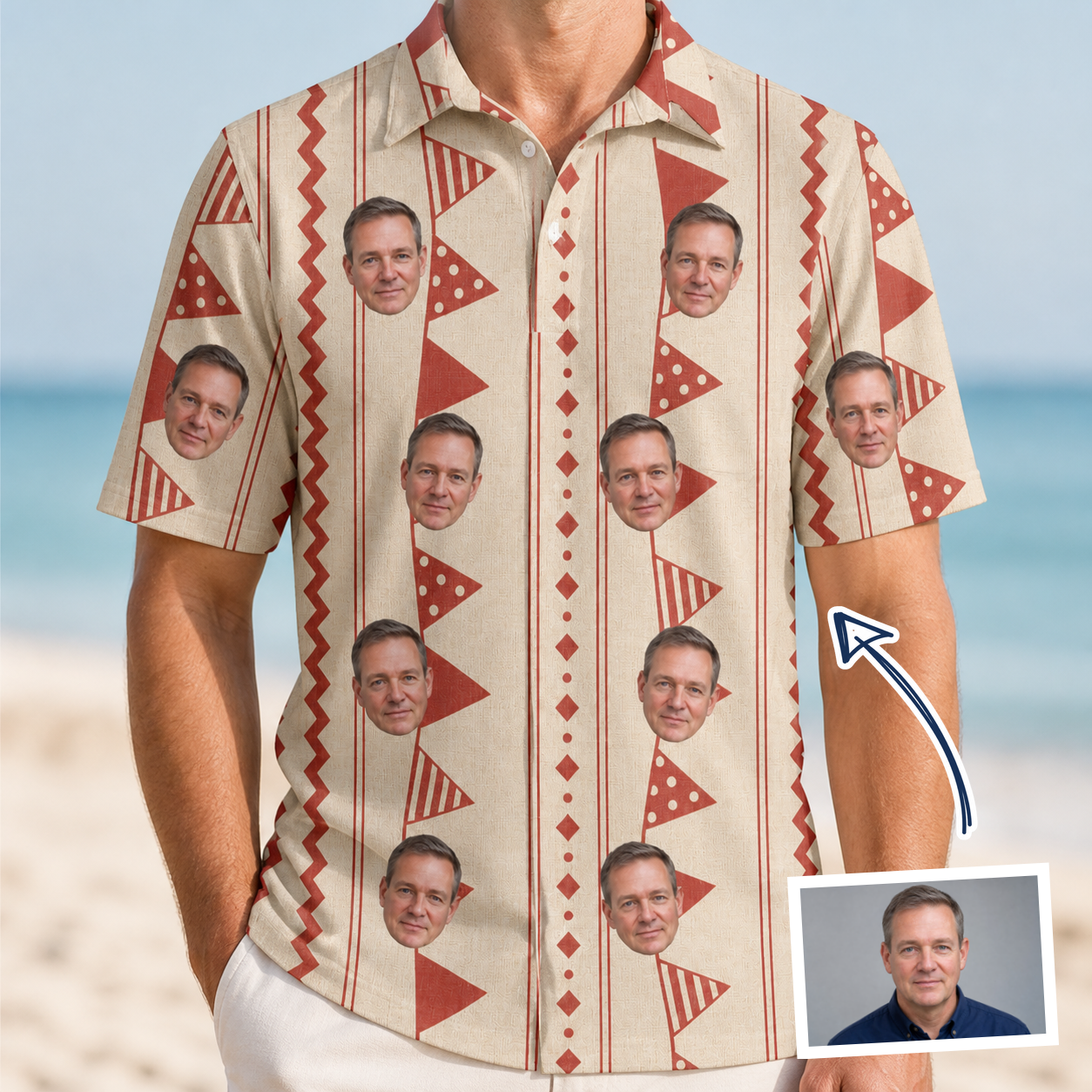 Man wearing Men's Home Huddle Custom Face Polo Shirt — custom faces printed all-over