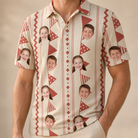 Model wearing Men's Home Huddle Custom Face Polo Shirt printed with kids' faces