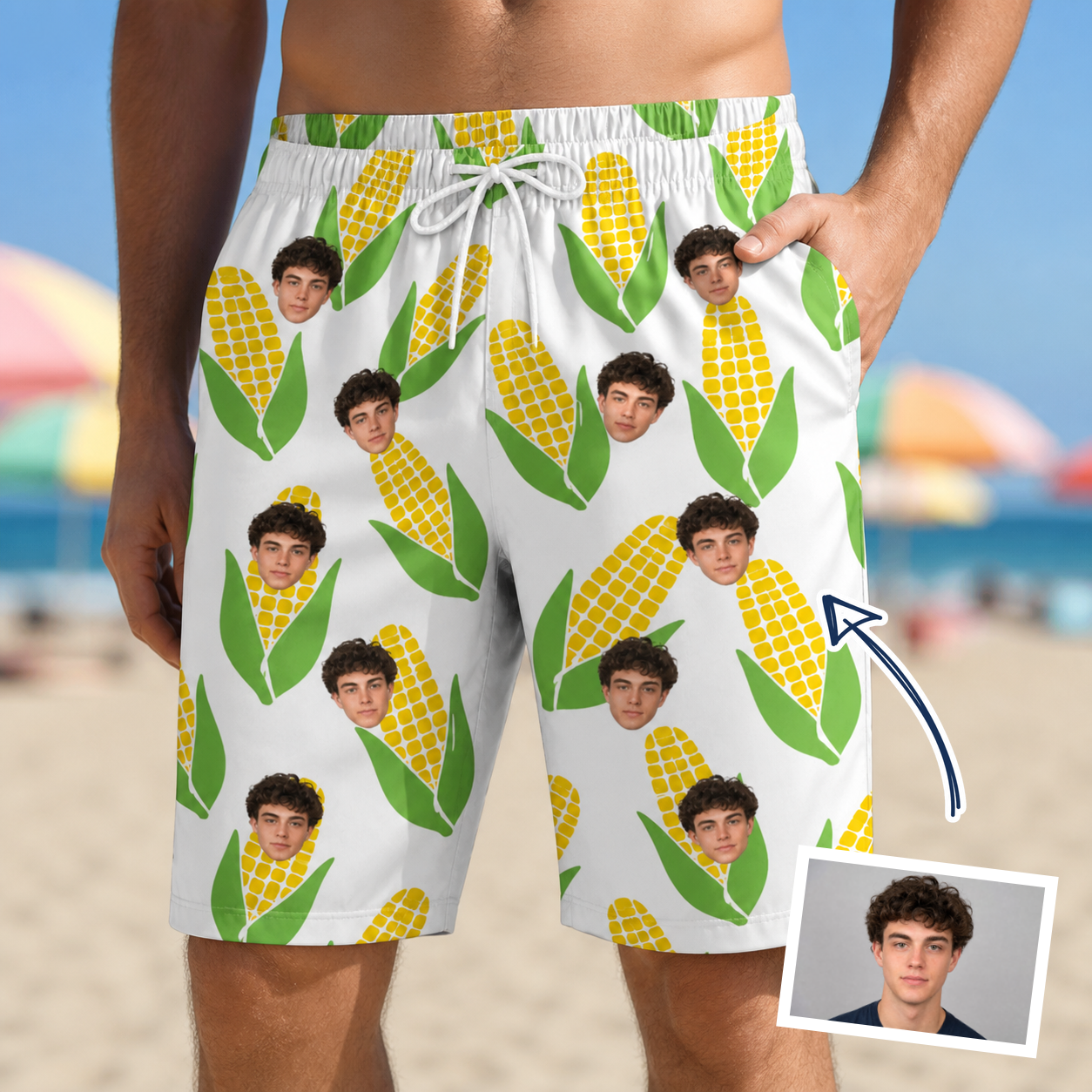Man wearing Men's Cob Together Custom Face Beach Shorts — custom faces printed all-over