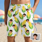 Man wearing Men's Cob Together Custom Face Beach Shorts — custom faces printed all-over