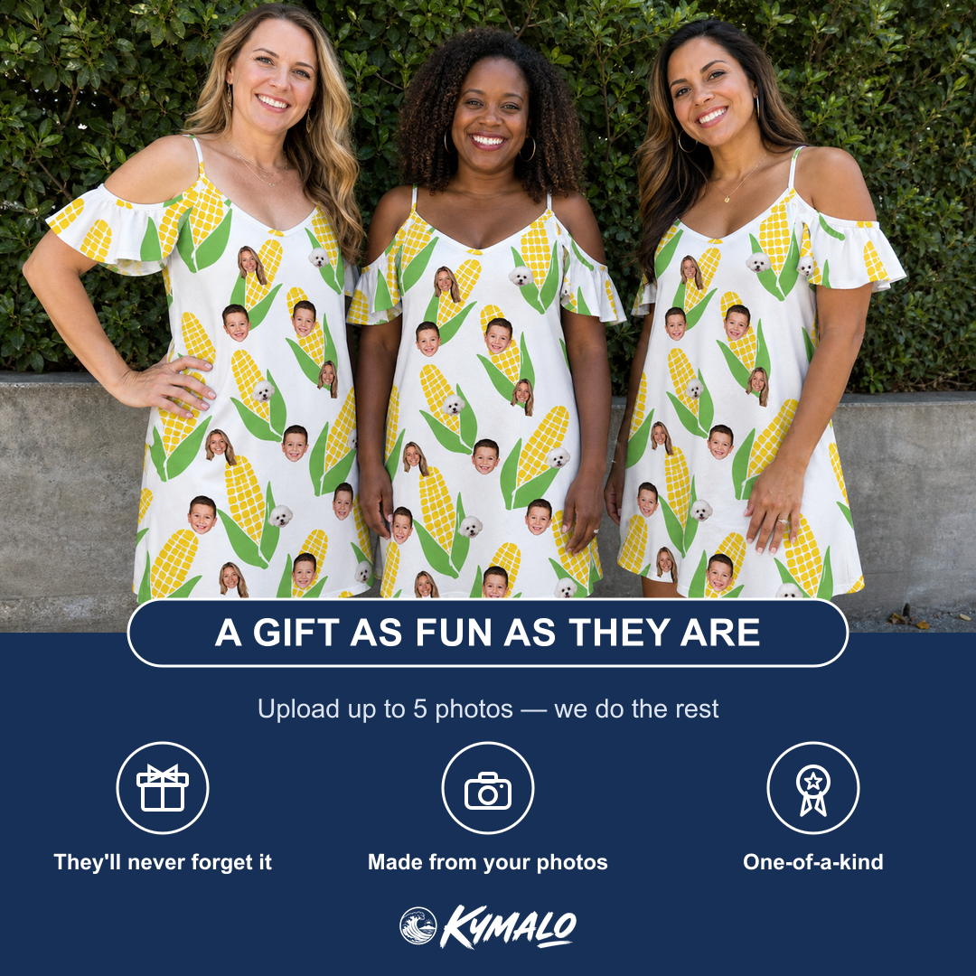 Friends in matching Women's Cob Together Custom Face Off-Shoulder Dress — a group gift photo
