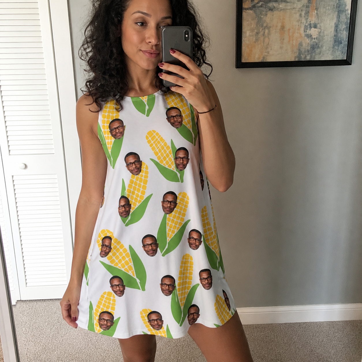 Real-life photo of someone wearing Women's Cob Together Custom Face Tank Dress — custom faces printed all-over