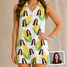 Woman wearing Women's Cob Together Custom Face V-Neck Dress — custom faces printed all-over