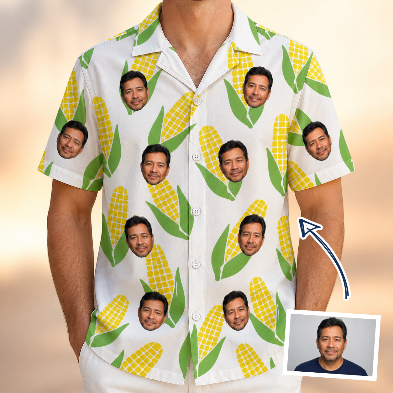 Man wearing Men's Cob Together Custom Face Hawaiian Shirt — custom faces printed all-over