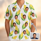 Man wearing Men's Cob Together Custom Face Hawaiian Shirt — custom faces printed all-over