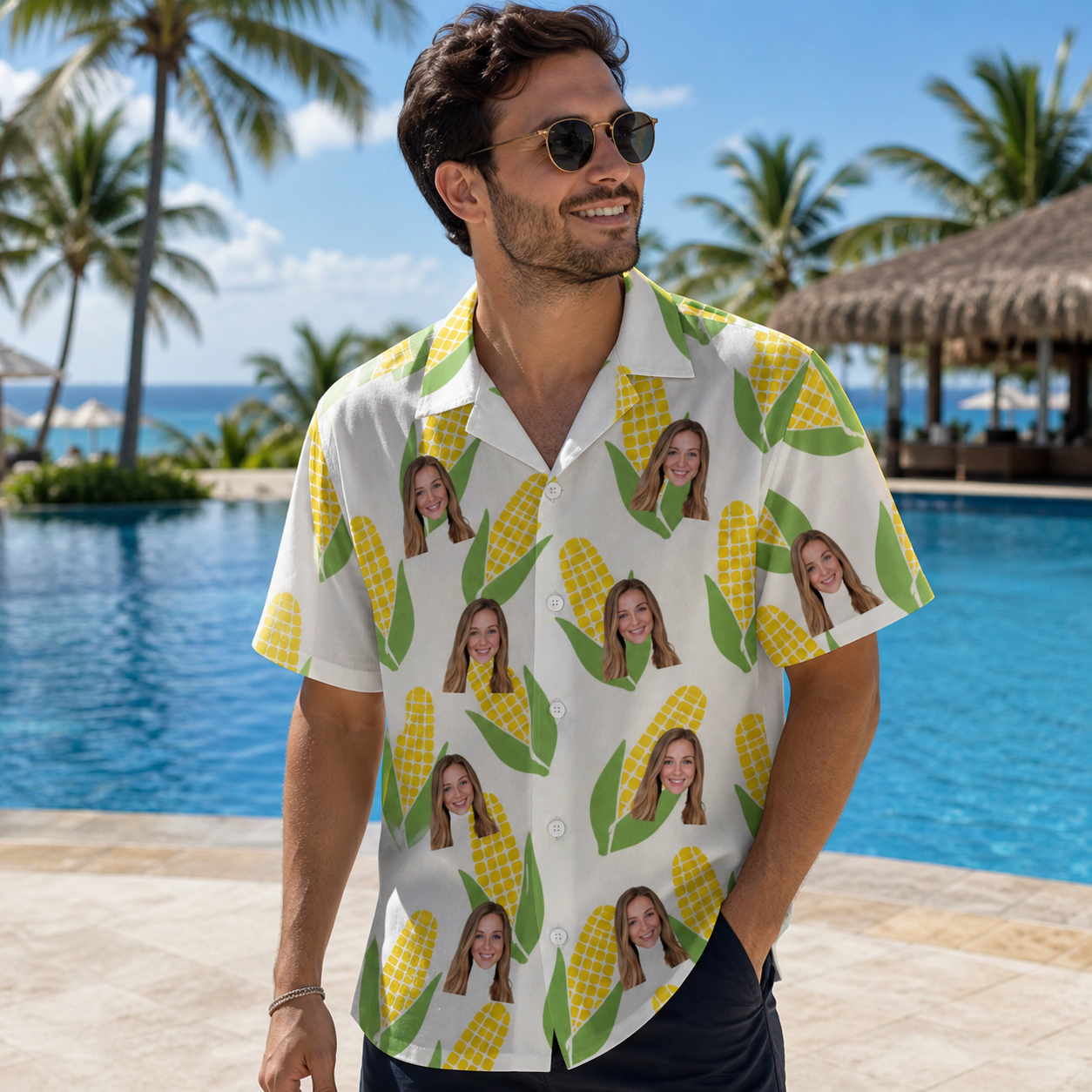 Real-life photo of someone wearing Men's Cob Together Custom Face Hawaiian Shirt — custom faces printed all-over