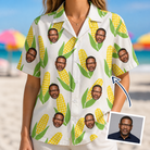 Woman wearing Women's Cob Together Custom Face Hawaiian Shirt — custom faces printed all-over
