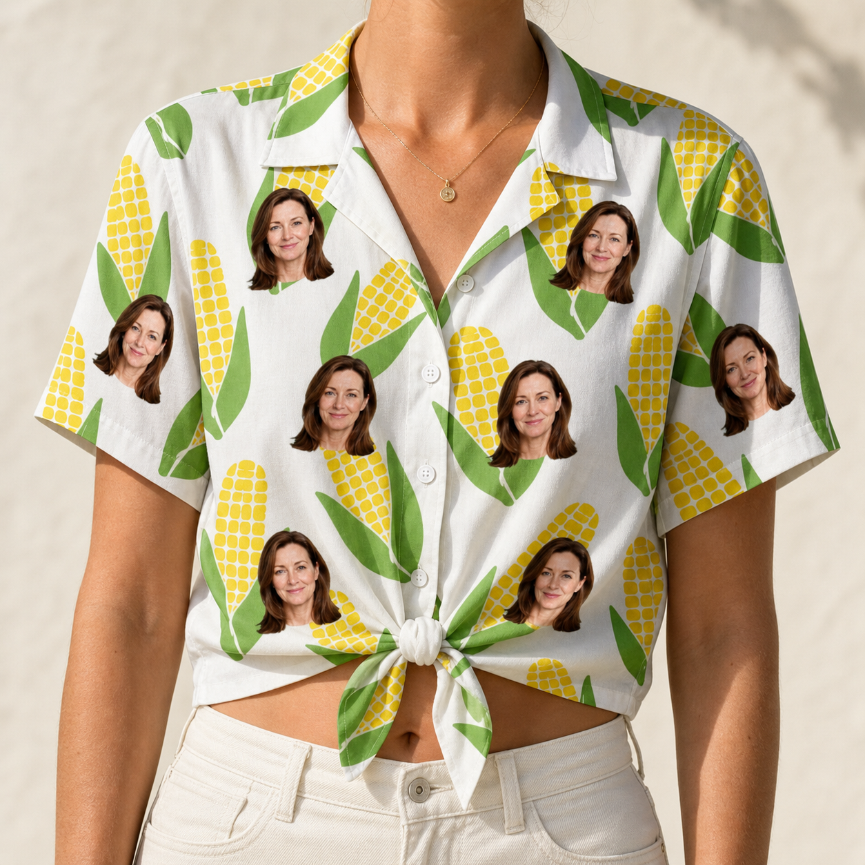 Woman wearing Women's Cob Together Custom Face Hawaiian Shirt tied at the waist