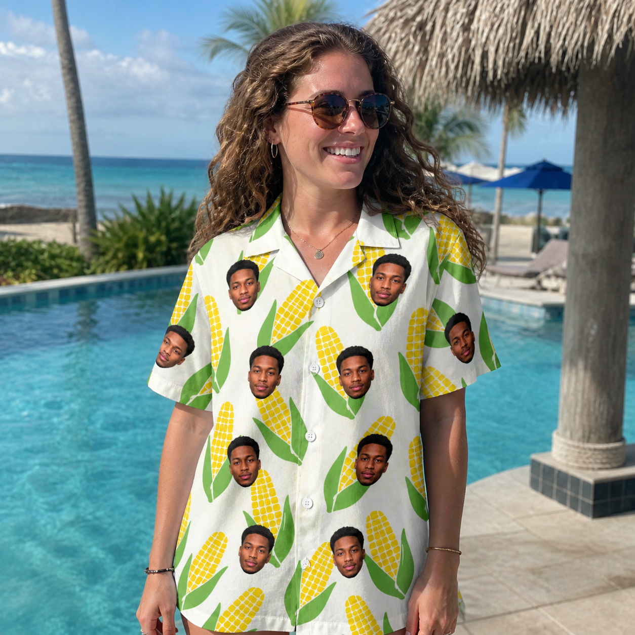 Real-life photo of someone wearing Women's Cob Together Custom Face Hawaiian Shirt — custom faces printed all-over