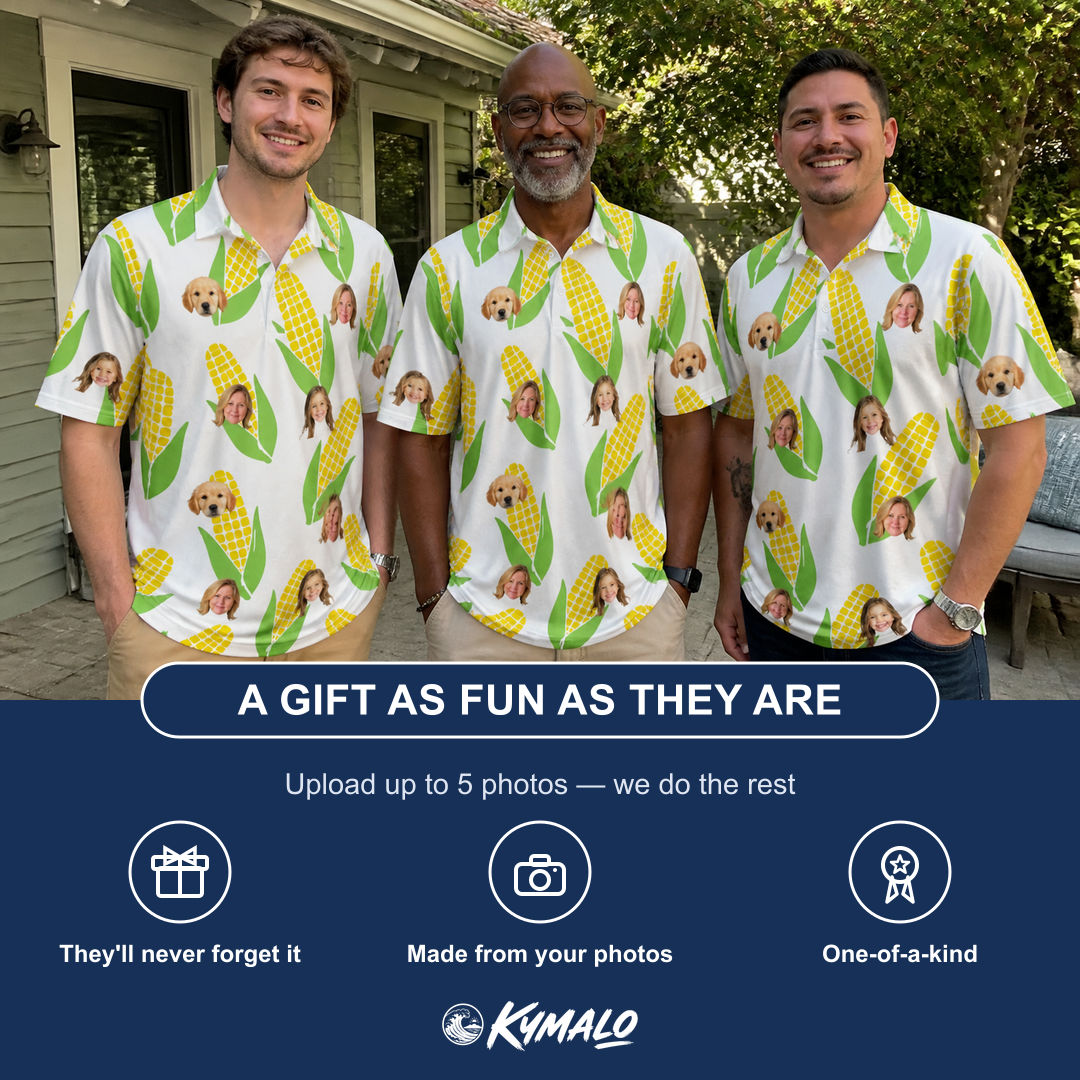 Friends in matching Men's Cob Together Custom Face Polo Shirt — a group gift photo