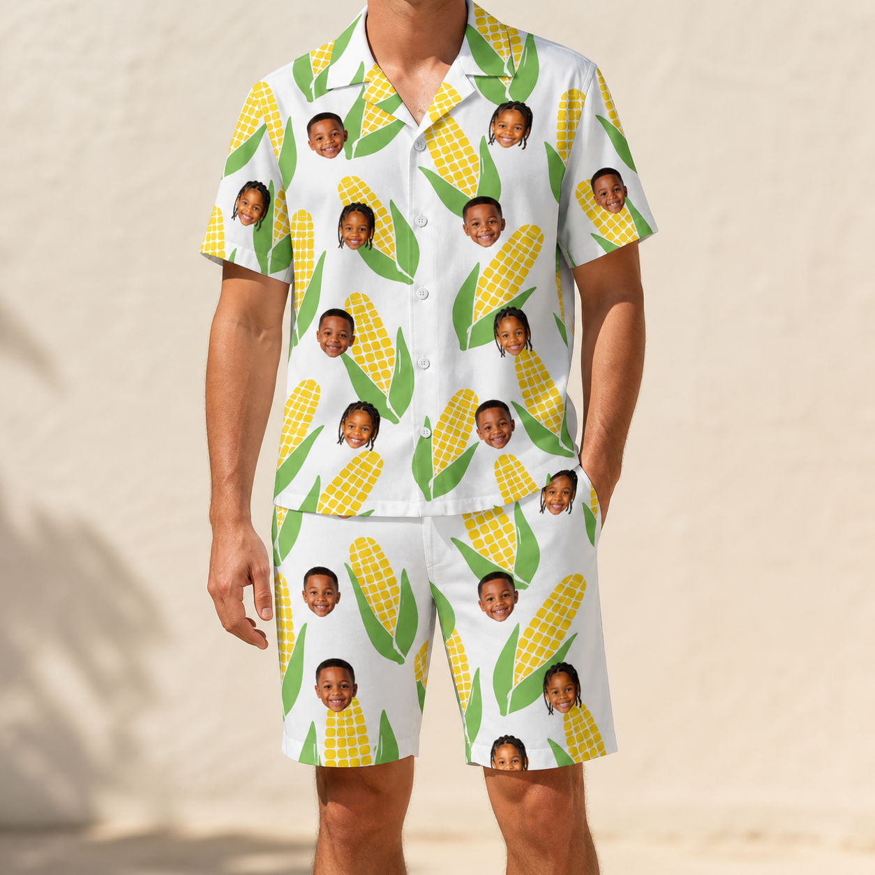 Model wearing Men's Cob Together Custom Face Shirt & Shorts Set printed with kids' faces