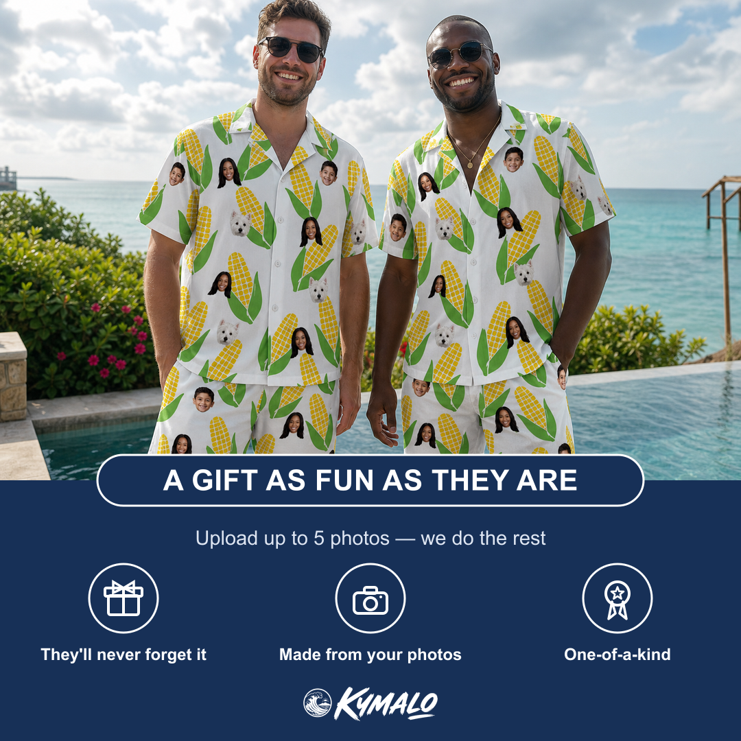 Friends in matching Men's Cob Together Custom Face Shirt & Shorts Set — a group gift photo