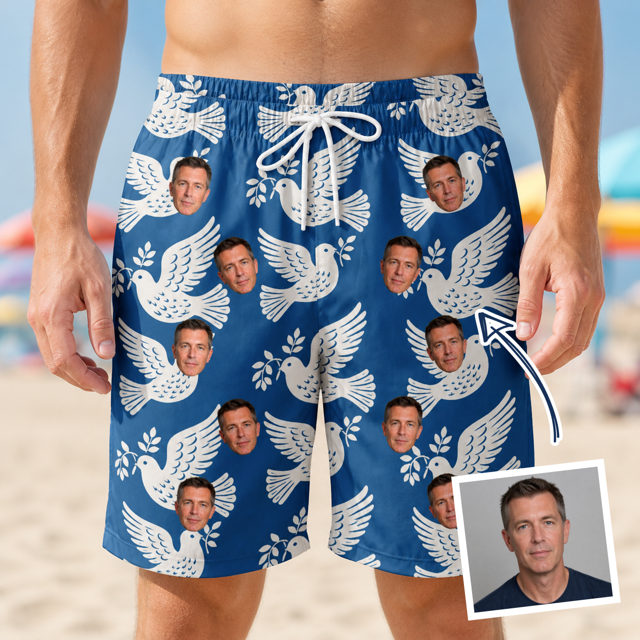 Man wearing Men's Pearlwing Promise Custom Face Beach Shorts — custom faces printed all-over