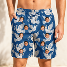 Model wearing Men's Pearlwing Promise Custom Face Beach Shorts printed with kids' faces