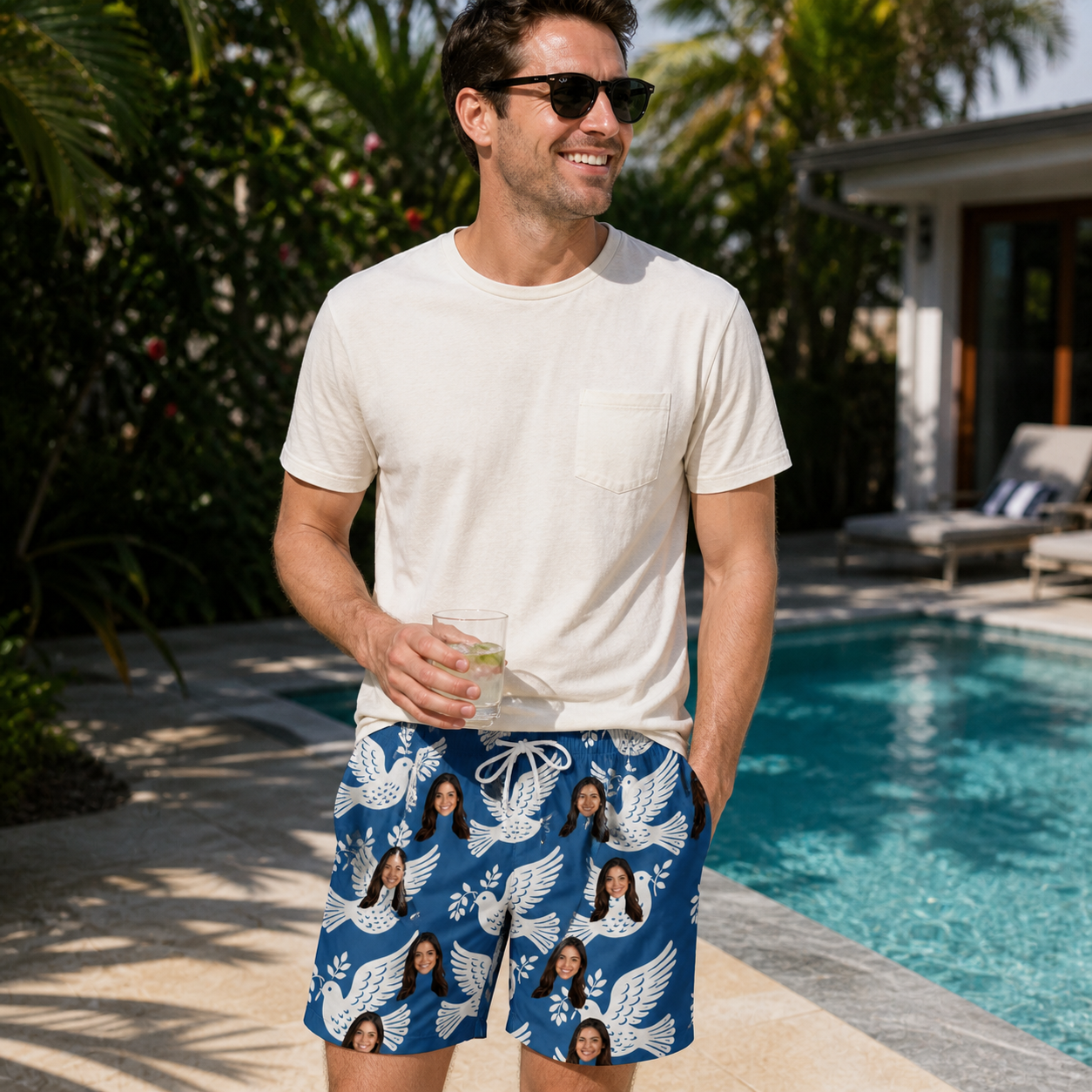 Real-life photo of someone wearing Men's Pearlwing Promise Custom Face Beach Shorts — custom faces printed all-over