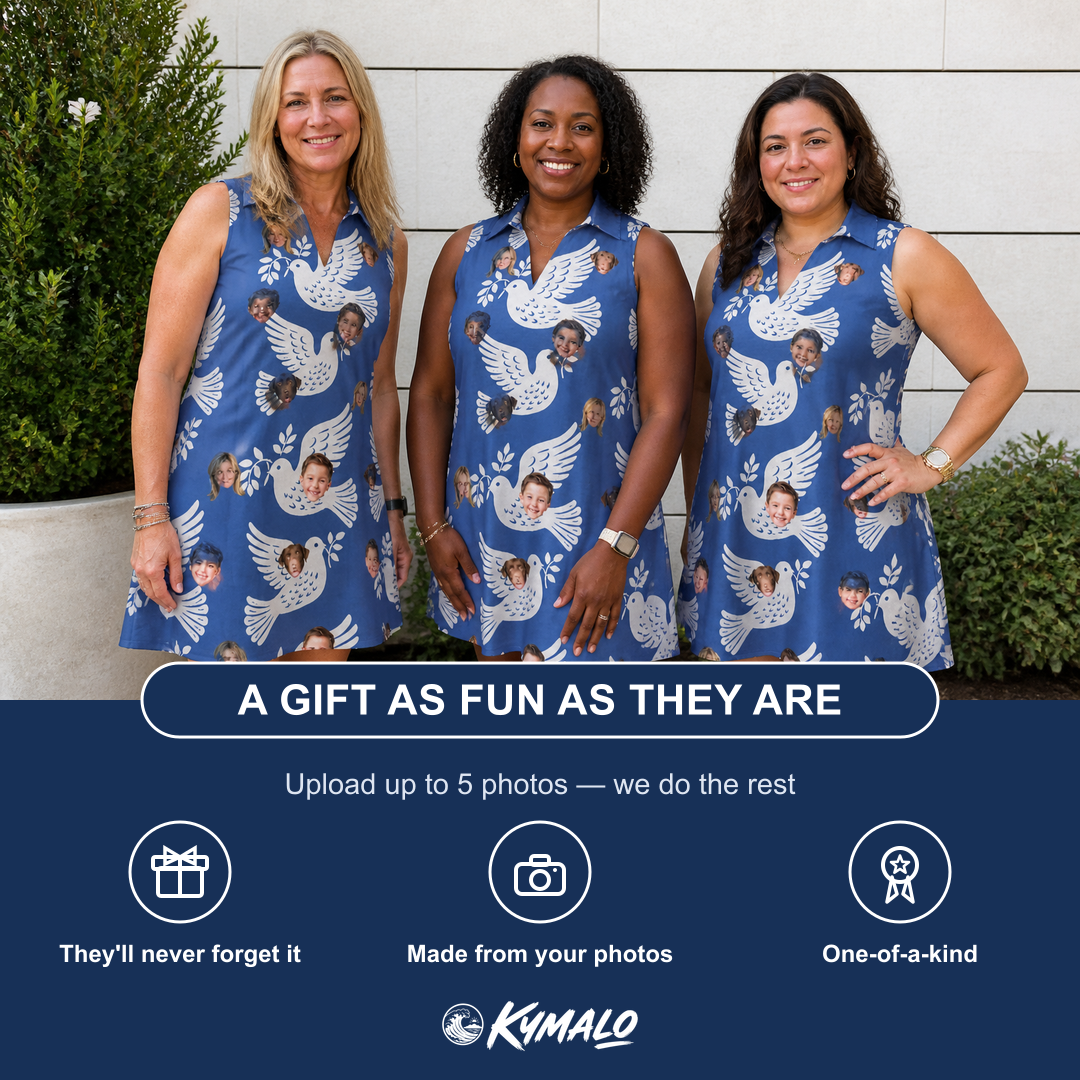 Friends in matching Women's Pearlwing Promise Custom Face V-Neck Dress — a group gift photo