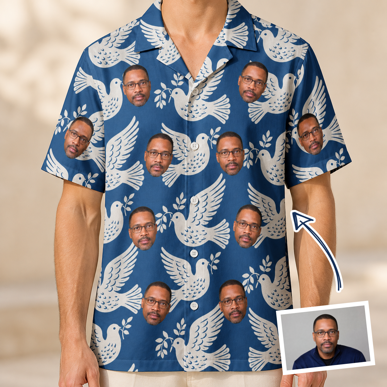Man wearing Men's Pearlwing Promise Custom Face Hawaiian Shirt — custom faces printed all-over