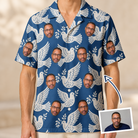 Man wearing Men's Pearlwing Promise Custom Face Hawaiian Shirt — custom faces printed all-over