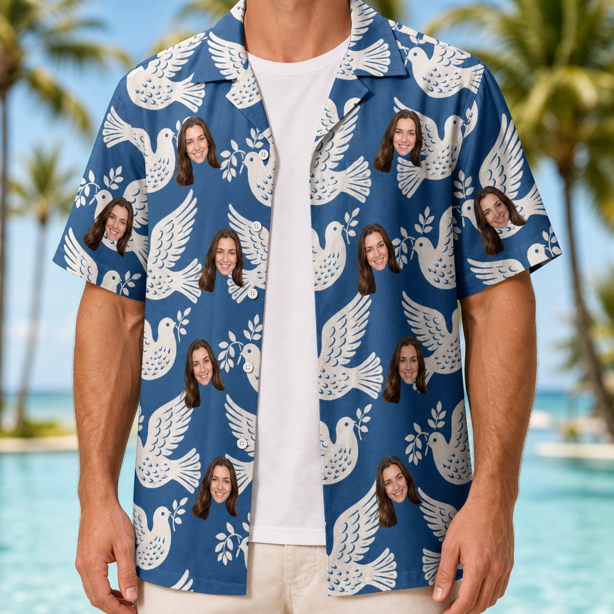 Man wearing Men's Pearlwing Promise Custom Face Hawaiian Shirt open over a white tee