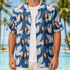 Man wearing Men's Pearlwing Promise Custom Face Hawaiian Shirt open over a white tee