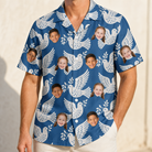 Model wearing Men's Pearlwing Promise Custom Face Hawaiian Shirt printed with kids' faces