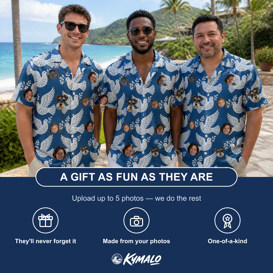 Friends in matching Men's Pearlwing Promise Custom Face Hawaiian Shirt — a group gift photo