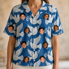 Model wearing Women's Pearlwing Promise Custom Face Hawaiian Shirt printed with kids' faces