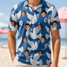 Model wearing Men's Pearlwing Promise Custom Face Polo Shirt printed with kids' faces