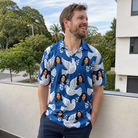 Real-life photo of someone wearing Men's Pearlwing Promise Custom Face Polo Shirt — custom faces printed all-over