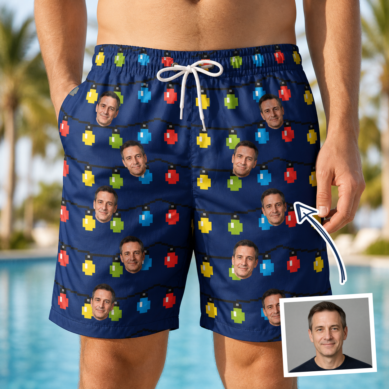 Man wearing Men's Stringlight Soirée Custom Face Beach Shorts — custom faces printed all-over