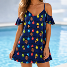 Model wearing Women's Stringlight Soirée Custom Face Off-Shoulder Dress printed with kids' faces