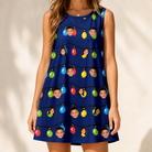 Model wearing Women's Stringlight Soirée Custom Face Tank Dress printed with kids' faces