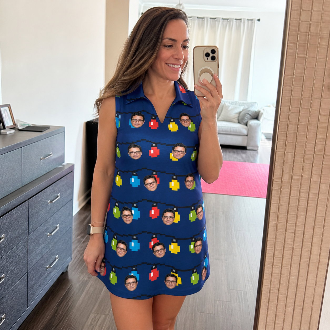 Real-life photo of someone wearing Women's Stringlight Soirée Custom Face V-Neck Dress — custom faces printed all-over