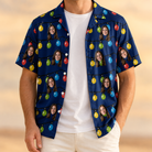 Man wearing Men's Stringlight Soirée Custom Face Hawaiian Shirt open over a white tee