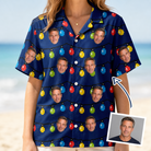 Woman wearing Women's Stringlight Soirée Custom Face Hawaiian Shirt — custom faces printed all-over