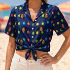 Woman wearing Women's Stringlight Soirée Custom Face Hawaiian Shirt tied at the waist