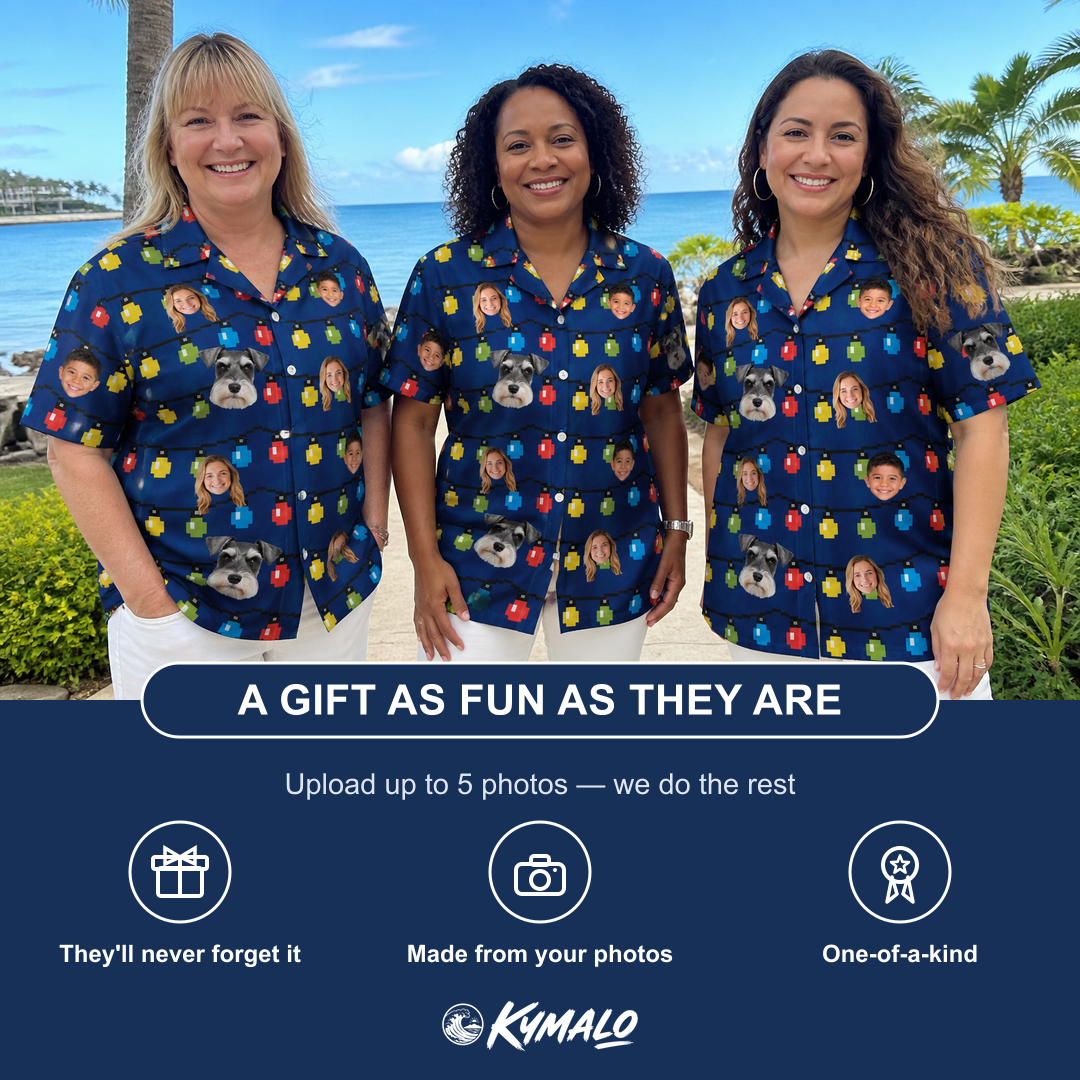 Friends in matching Women's Stringlight Soirée Custom Face Hawaiian Shirt — a group gift photo