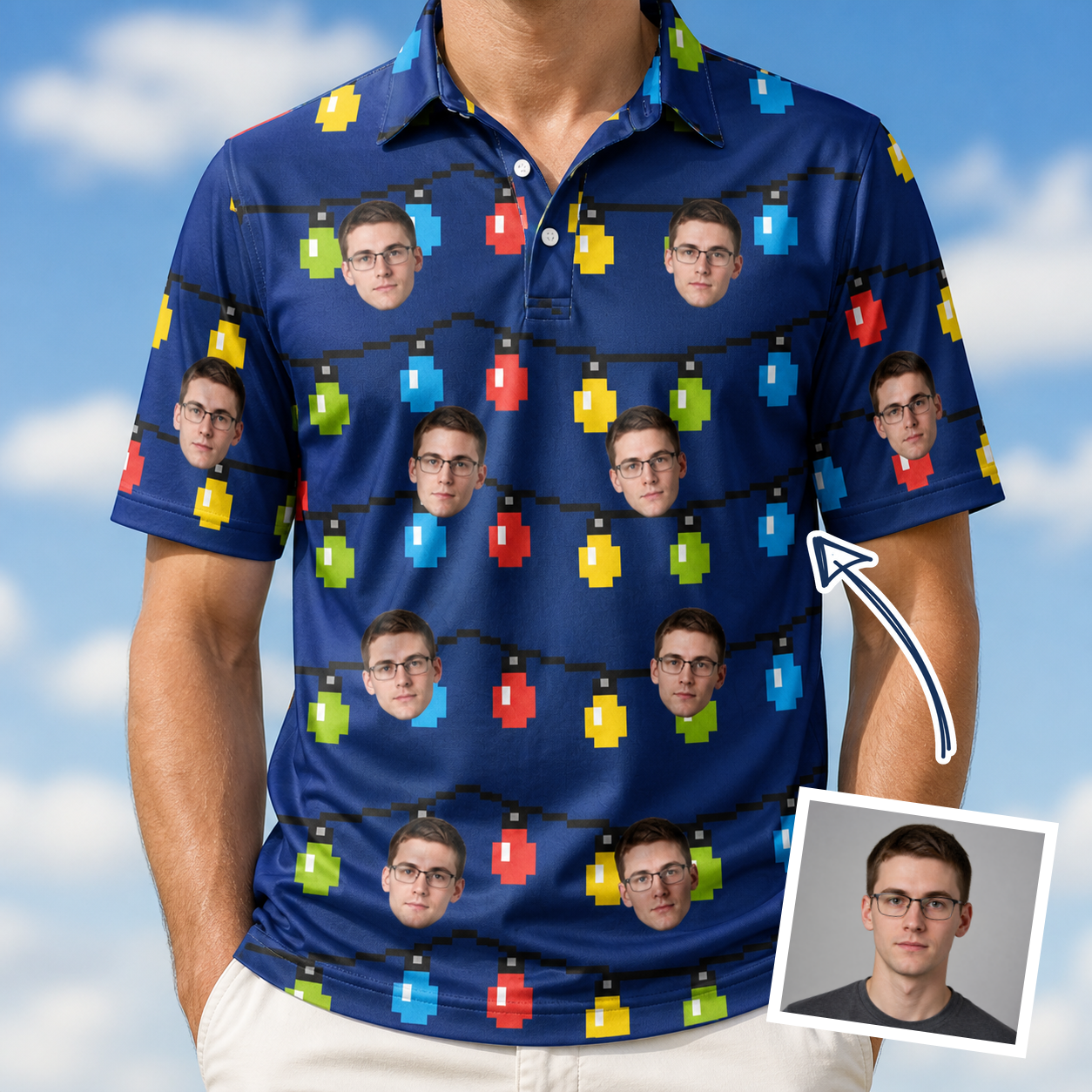 Man wearing Men's Stringlight Soirée Custom Face Polo Shirt — custom faces printed all-over