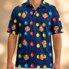 Model wearing Men's Stringlight Soirée Custom Face Polo Shirt printed with kids' faces