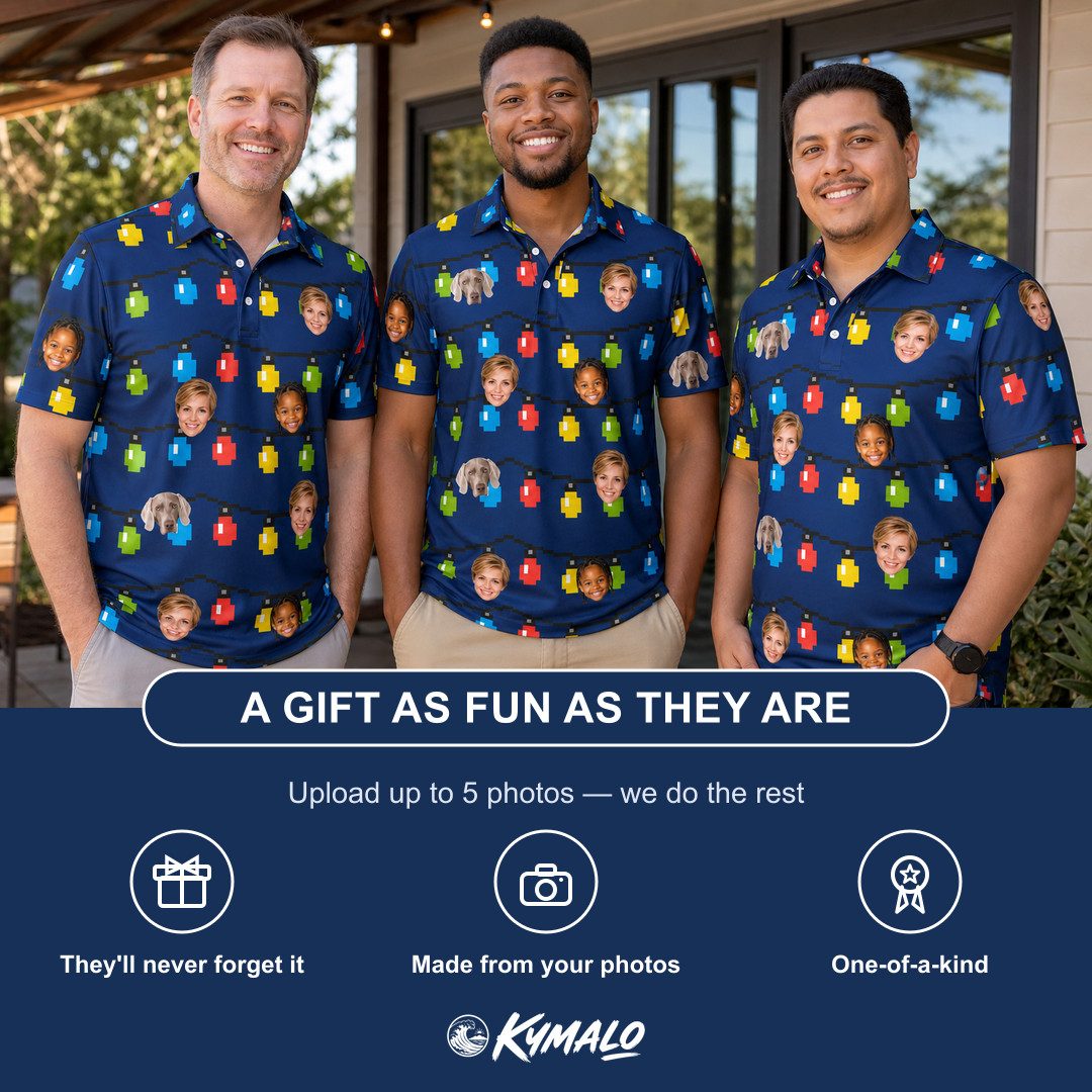 Friends in matching Men's Stringlight Soirée Custom Face Polo Shirt — a group gift photo