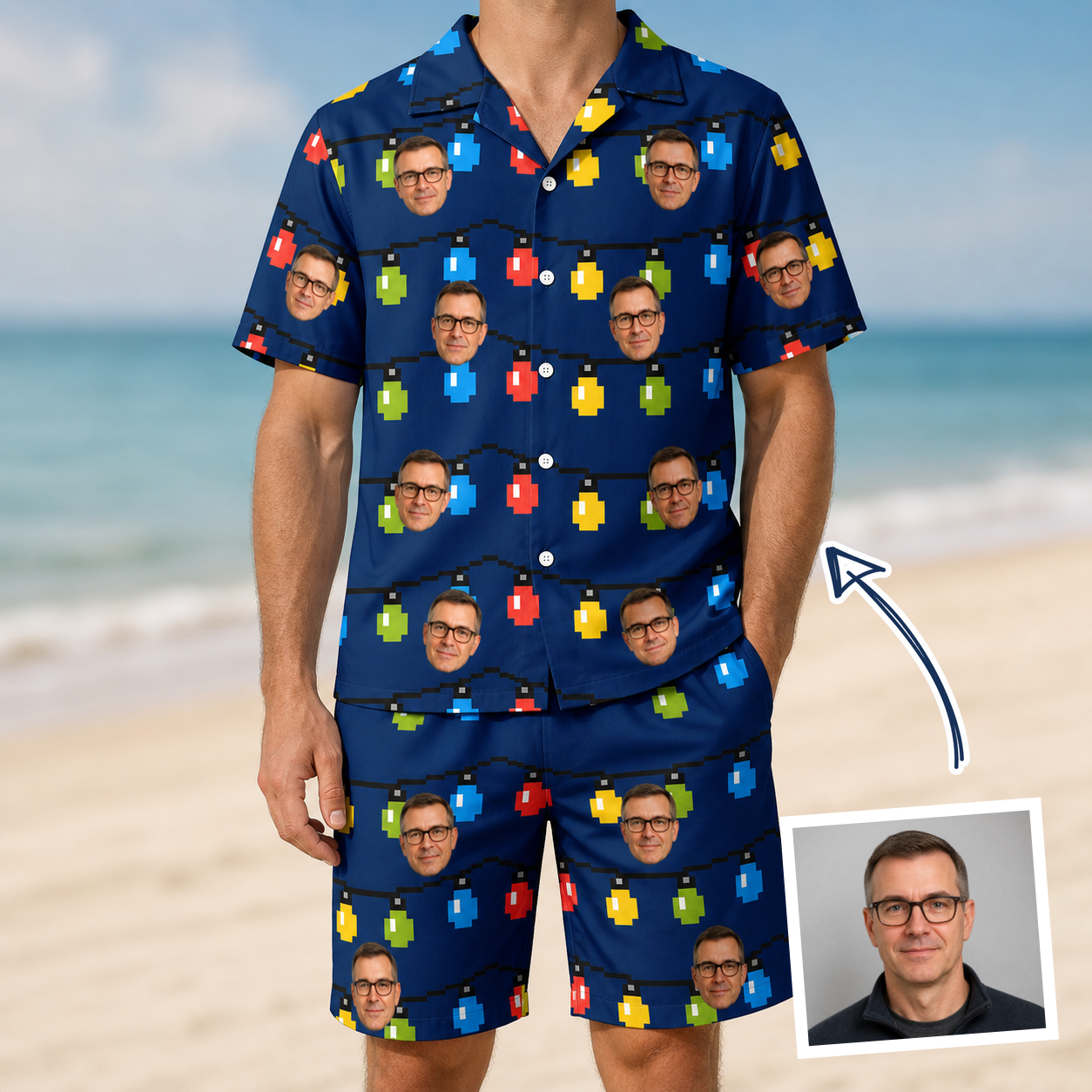 Man wearing Men's Stringlight Soirée Custom Face Shirt & Shorts Set — custom faces printed all-over