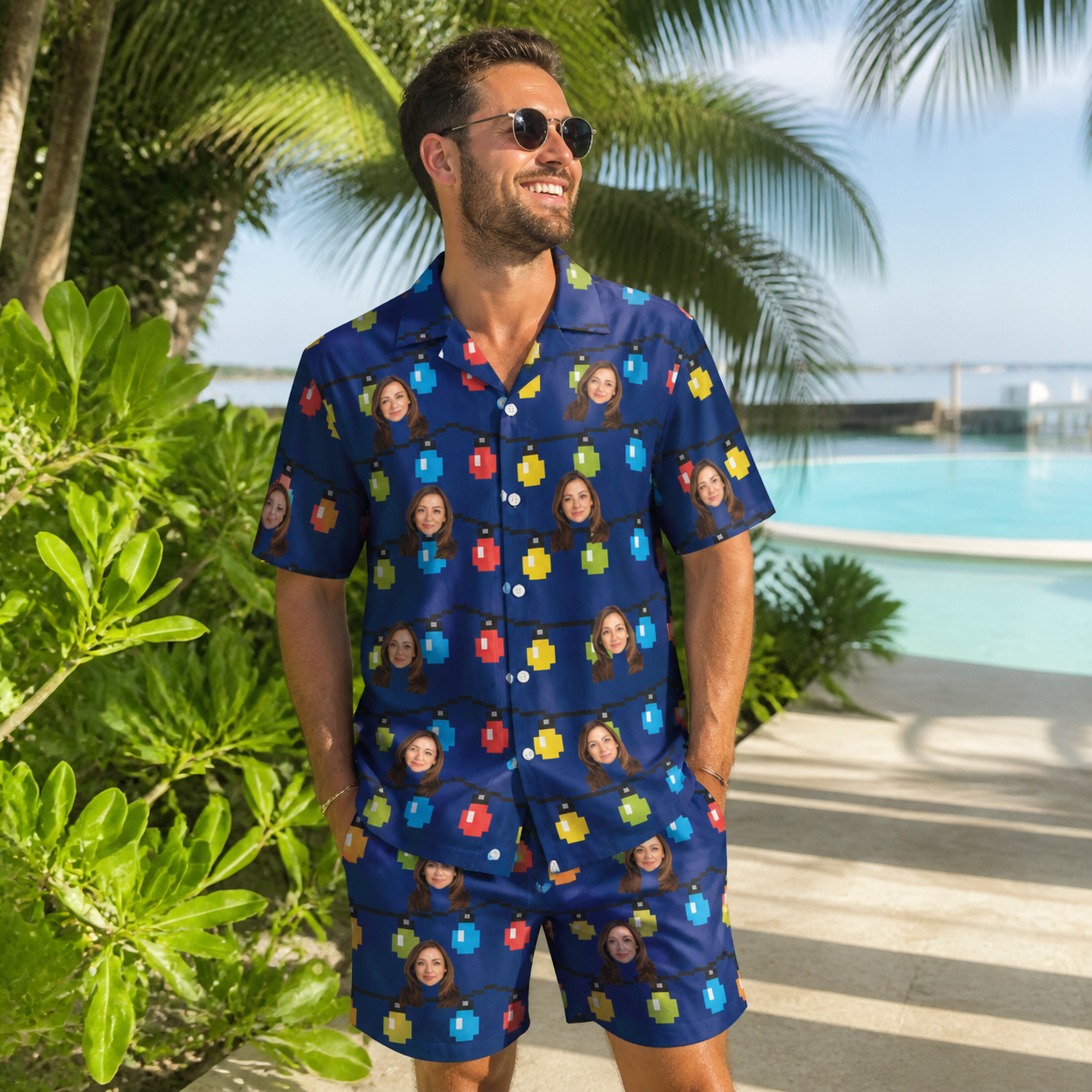 Real-life photo of someone wearing Men's Stringlight Soirée Custom Face Shirt & Shorts Set — custom faces printed all-over
