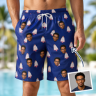 Man wearing Men's Marzipan Marina Custom Face Beach Shorts — custom faces printed all-over