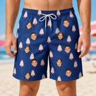 Model wearing Men's Marzipan Marina Custom Face Beach Shorts printed with kids' faces