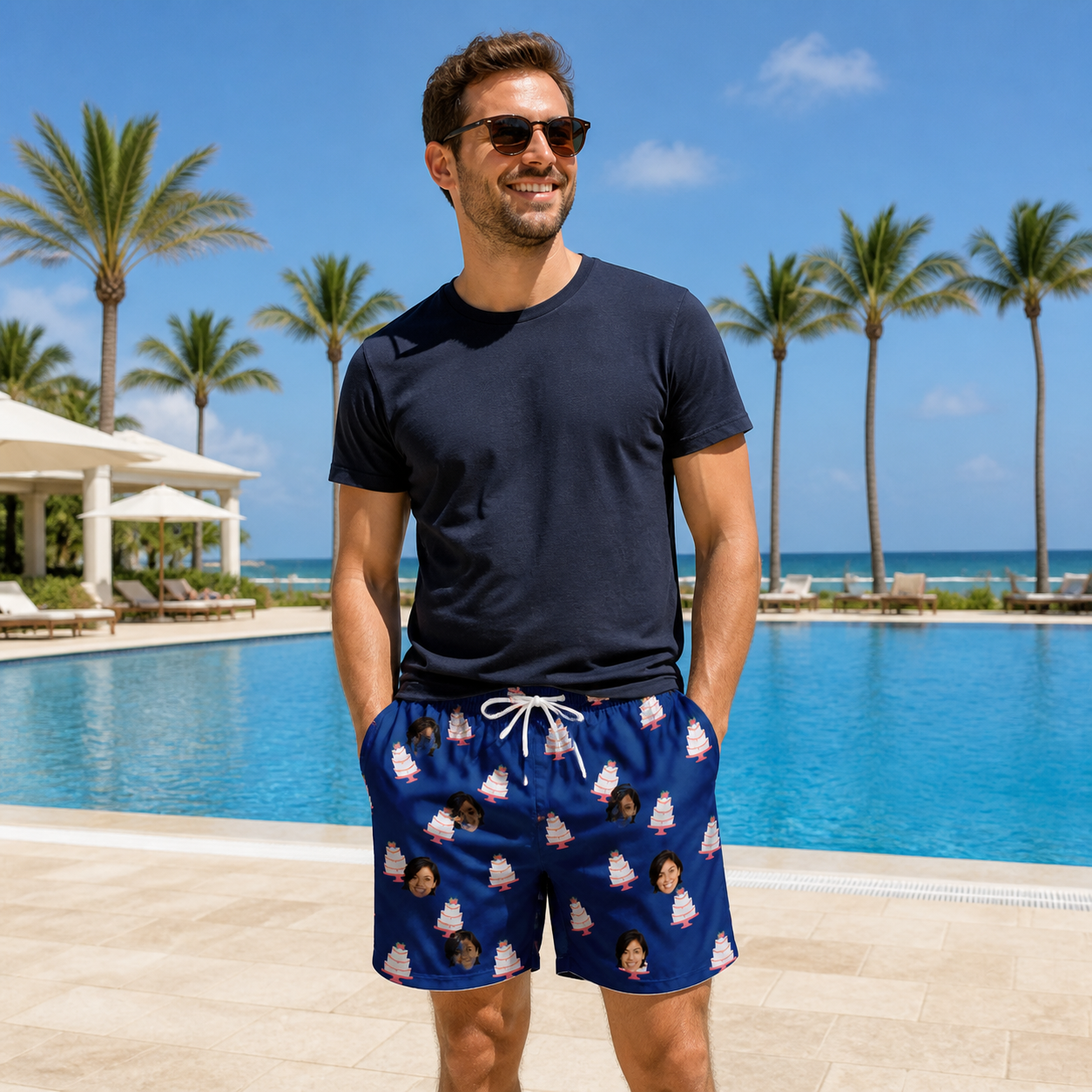 Real-life photo of someone wearing Men's Marzipan Marina Custom Face Beach Shorts — custom faces printed all-over