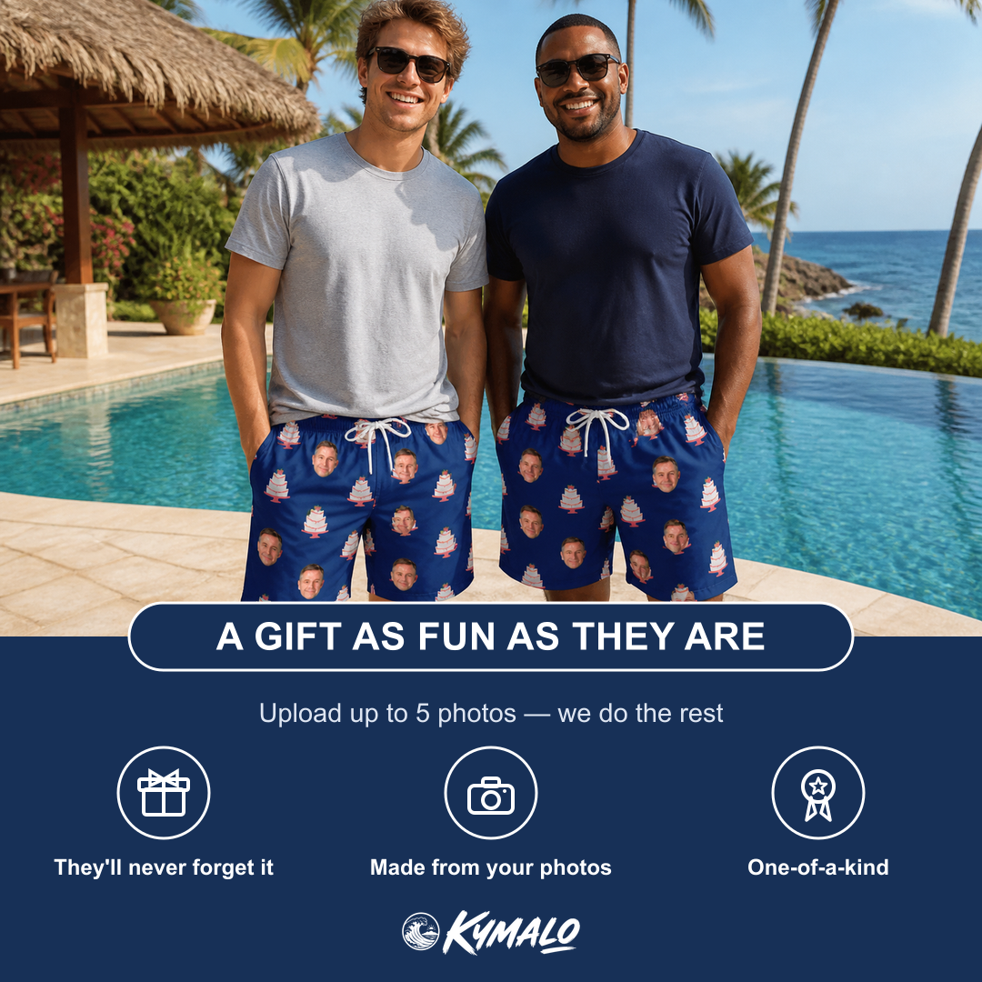 Friends in matching Men's Marzipan Marina Custom Face Beach Shorts — a group gift photo