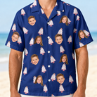 Model wearing Men's Marzipan Marina Custom Face Hawaiian Shirt printed with kids' faces