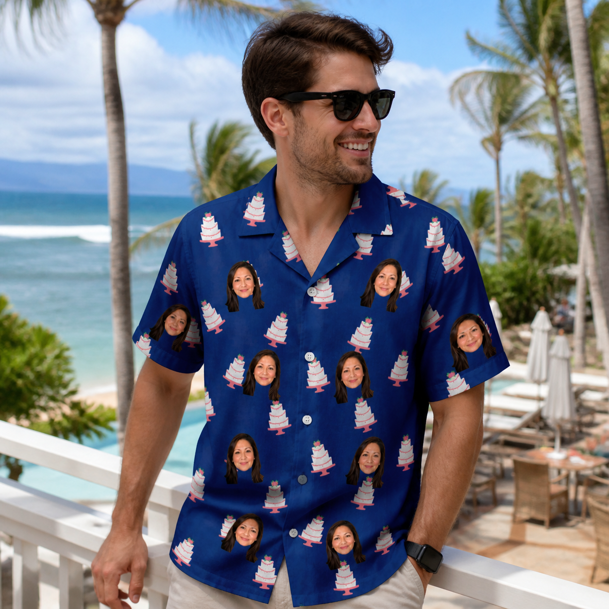 Real-life photo of someone wearing Men's Marzipan Marina Custom Face Hawaiian Shirt — custom faces printed all-over