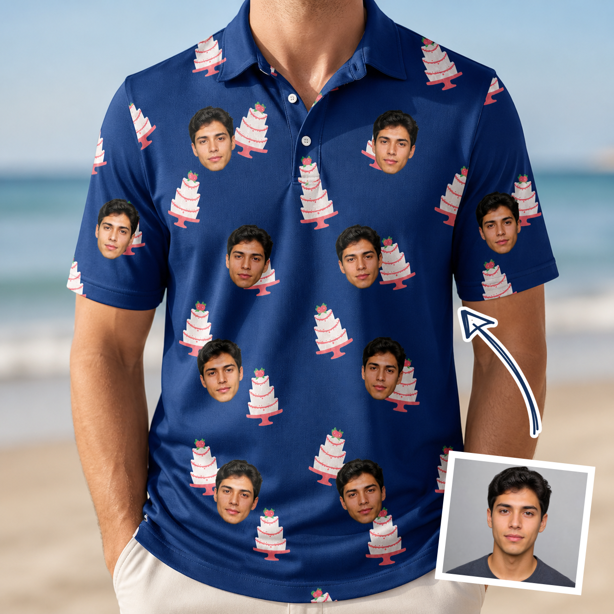 Man wearing Men's Marzipan Marina Custom Face Polo Shirt — custom faces printed all-over