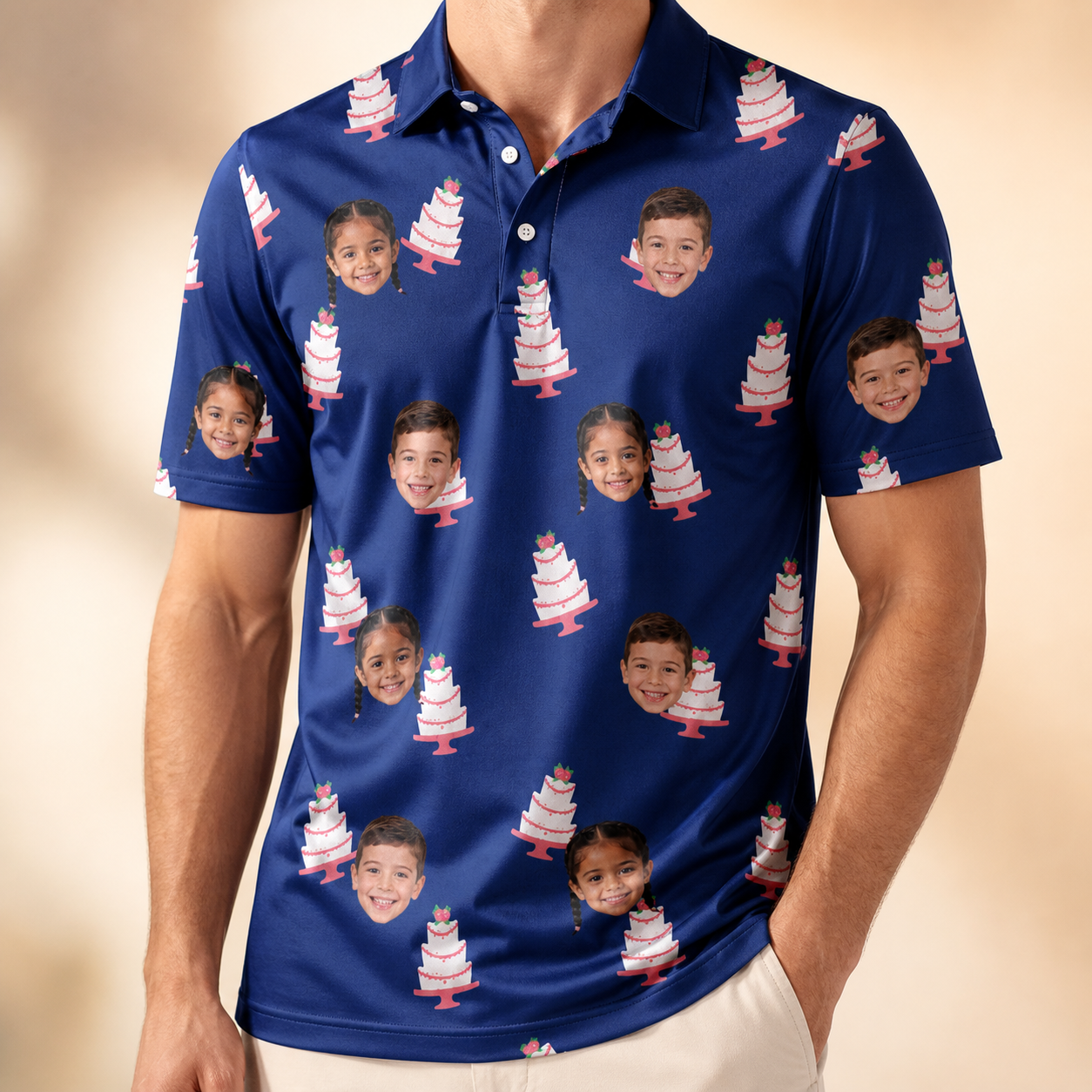 Model wearing Men's Marzipan Marina Custom Face Polo Shirt printed with kids' faces